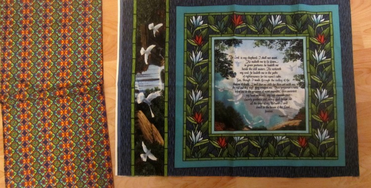A fabric patterned with diamonds and cross or quatrefoil shapes, labeled "Marblehead" by Ro Gregg for Paintbrush Studio. Also a Psalm 23 panel by Springs Iindustries.